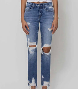 Sleep & Dance Mid Rise Distressed Ankle Slim Straight Jeans