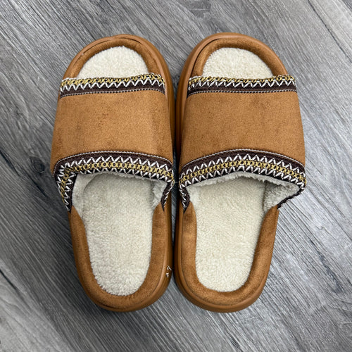 Faux Fur & Suede Slippers - Brown