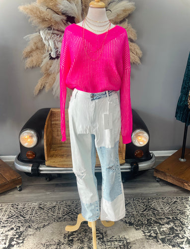 High Rise Distressed Color Block Cuff Jeans