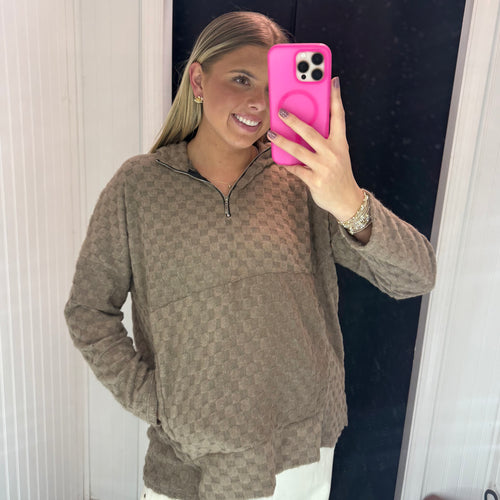 Fill Me Up Checkered Quarter Zip - Brown