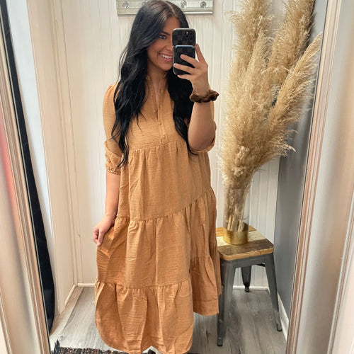 Pumpkin Picking Midi Dress - Camel