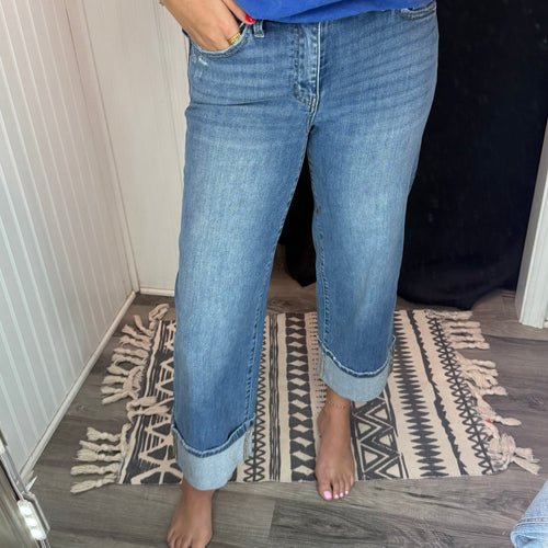 High Rise Cuffed Wide Leg Denim