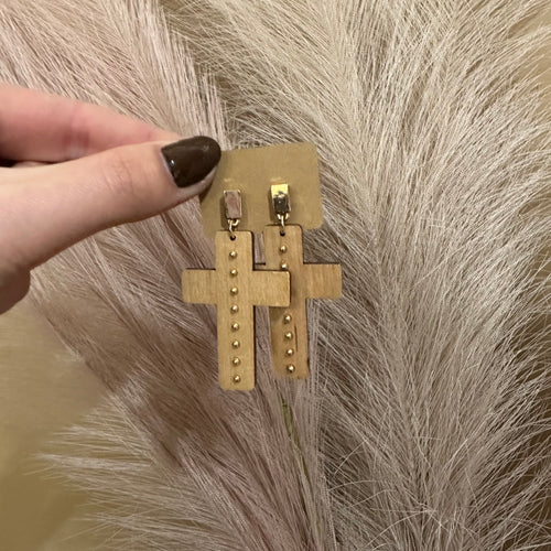 Wooden Cross Earrings With Gold Accents