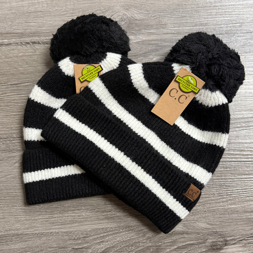 Striped Yarn Pom Beanie