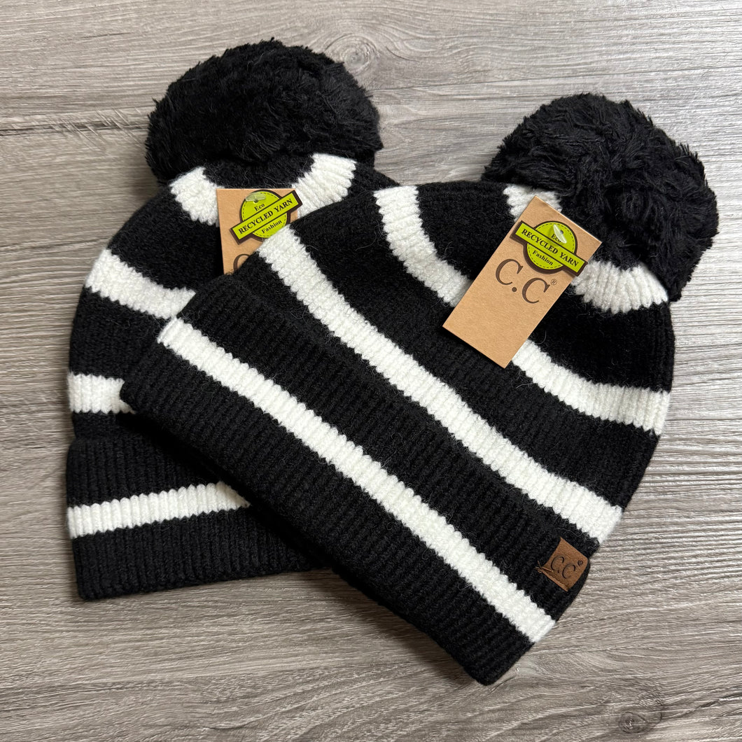 Striped Yarn Pom Beanie