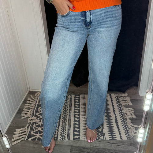 High Rise Raw Hem Wide Leg Denim