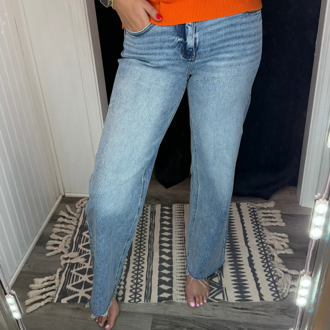 High Rise Raw Hem Wide Leg Denim