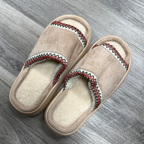 Faux Fur & Suede Slippers - Tan